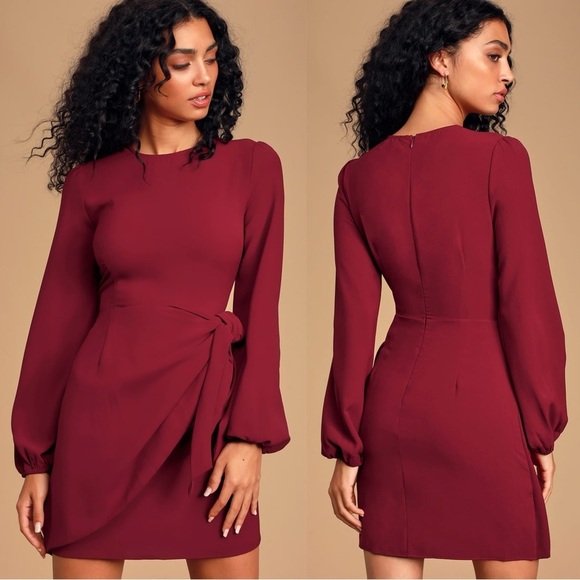 NWOT‎ Lulus Believe It or Knot Wine Red Long Sleeve Tie-Front Skater Dress - Picture 1 of 8